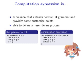 Computation expression is...
expression that extends normal F# grammer and
provides some customize points
able to dene an user dene process
.
the grammer of F#
..
.
let someFunc a b =
let x = f a
let y = g b
x + y
.
computation expression
..
.
let someFunc a b = builder {
let! x = f a
let! y = g b
return x + y
}
 