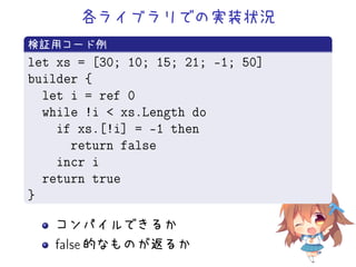 各ライブラリでの実装状況
.
検証用コード例
..
.
let xs = [30; 10; 15; 21; -1; 50]
builder {
let i = ref 0
while !i  xs.Length do
if xs.[!i] = -1 then
return false
incr i
return true
}
コンパイルできるか
false 的なものが返るか
 
