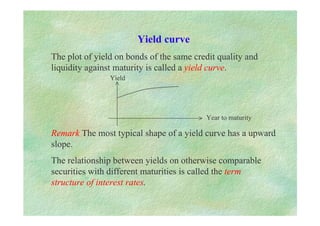 Yield curve
The plot of yield on bonds of the same credit quality and
liquidity against maturity is called a yield curve.
Remark The most typical shape of a yield curve has a upward
slope.
The relationship between yields on otherwise comparable
securities with different maturities is called the term
structure of interest rates.
Year to maturity
Yield
 