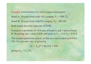 Example (construction of a zero-coupon instrument)
Bond A: 10-year bond with 10% coupon; PA = $98.72.
Bond B: 10-year bond with 8% coupon; PB = $85.89.
Both bonds have the same par of $100.
Construct a portfolio of –0.8 unit of bond A and 1 unit of bond
B. Resulting face value is $20, and price is PA − 0.8 PB = 6.914.
The coupon payments cancel, so this is a zero coupon portfolio.
The 10-year spot rate is given by
(1 + S10)10 × $6.914 = $20
giving S10 = 11.2%.
 