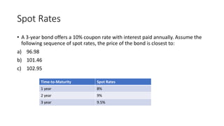 Spot Rates
• A 3-year bond offers a 10% coupon rate with interest paid annually. Assume the
following sequence of spot rates, the price of the bond is closest to:
a) 96.98
b) 101.46
c) 102.95
Time-to-Maturity Spot Rates
1 year 8%
2 year 9%
3 year 9.5%
 
