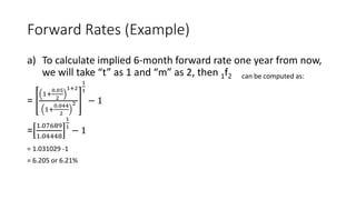 Forward Rates (Example)
a) To calculate implied 6-month forward rate one year from now,
we will take “t” as 1 and “m” as 2, then 1f2 can be computed as:
=
1+
0.05
2
1+2
1+
0.044
2
2
1
1
− 1
=
1.07689
1.04448
1
1
− 1
= 1.031029 -1
= 6.205 or 6.21%
 
