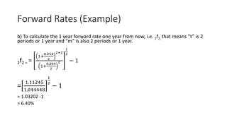 Forward Rates (Example)
b) To calculate the 1 year forward rate one year from now, i.e. 2f2, that means “t” is 2
periods or 1 year and “m” is also 2 periods or 1 year.
2f2 = =
1+
0.054
2
2+2
1+
0.044
2
2
1
2
− 1
=
1.11245
1.044448
1
2
− 1
= 1.03202 -1
= 6.40%
 
