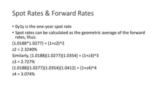 Spot Rates & Forward Rates
• 0y1y is the one-year spot rate
• Spot rates can be calculated as the geometric average of the forward
rates, thus:
(1.0188*1.0277) = (1+z2)^2
z2 = 2.3240%
Similarly, (1.0188)(1.0277)(1.0354) = (1+z3)^3
z3 = 2.727%
(1.0188)(1.0277)(1.0354)(1.0412) = (1+z4)^4
z4 = 3.074%
 