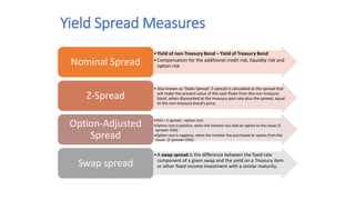 Yield Spread Measures
•Yield of non-Treasury Bond – Yield of Treasury Bond
•Compensation for the additional credit risk, liquidity risk and
option risk
Nominal Spread
• Also known as ‘Static Spread’. Z-spread is calculated as the spread that
will make the present value of the cash flows from the non-treasury
bond, when discounted at the treasury spot rate plus the spread, equal
to the non-treasury bond’s price.
Z-Spread
•OAS = Z spread – option cost
•Option cost is positive, when the investor has sold an option to the issuer (Z
spread> OAS)
•Option cost is negative, when the investor has purchased an option from the
issuer. (Z spread< OAS)
Option-Adjusted
Spread
•A swap spread is the difference between the fixed rate
component of a given swap and the yield on a Treasury item
or other fixed-income investment with a similar maturity.
Swap spread
 