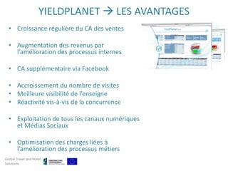 YIELDPLANET  LES AVANTAGES
  • Croissance régulière du CA des ventes

  • Augmentation des revenus par
    l’amélioration des processus internes

  • CA supplémentaire via Facebook

  • Accroissement du nombre de visites
  • Meilleure visibilité de l’enseigne
  • Réactivité vis-à-vis de la concurrence

  • Exploitation de tous les canaux numériques
    et Médias Sociaux

  • Optimisation des charges liées à
    l’amélioration des processus métiers
Global Travel and Hotel
Solutions
 