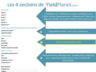Les 4 sections de
                    L’installation par YieldPlanet en mode consultation avec
               I l’hôtel, utilisée uniquement pour l’intégration de l’hôtel, des
                   types de chambre, de la grille tarifaire et des partenaires.




               II        Disponibilité et tarifs, mise à jour quotidienne




               III               Moteur de réservations CMS




                  Outils de Revenue Management : requêtes tarifs, parité des
               IV     prix, reporting de performance, main courante des
                                         transmissions .
 