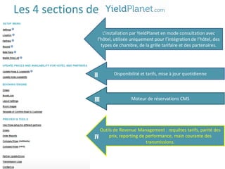 Les 4 sections de
                     L’installation par YieldPlanet en mode consultation avec
                I l’hôtel, utilisée uniquement pour l’intégration de l’hôtel, des
                    types de chambre, de la grille tarifaire et des partenaires.




                II        Disponibilité et tarifs, mise à jour quotidienne




                III                Moteur de réservations CMS




                   Outils de Revenue Management : requêtes tarifs, parité des
                IV     prix, reporting de performance, main courante des
                                          transmissions.
 