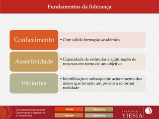 Fundamentos da liderança




Conhecimento                   • Com sólida formação acadêmica



                               • Capacidade de estimular a aglutinação de
Assertividade                    recursos em torno de um objetivo


                               • Identificação e subsequente acionamento dos
    Iniciativa                   meios que levarão um projeto a se tornar
                                 realidade




Consultoria Empresarial,          Início         Instituto
Governança Corporativa
e Compliance                     Equipe          Soluções
 