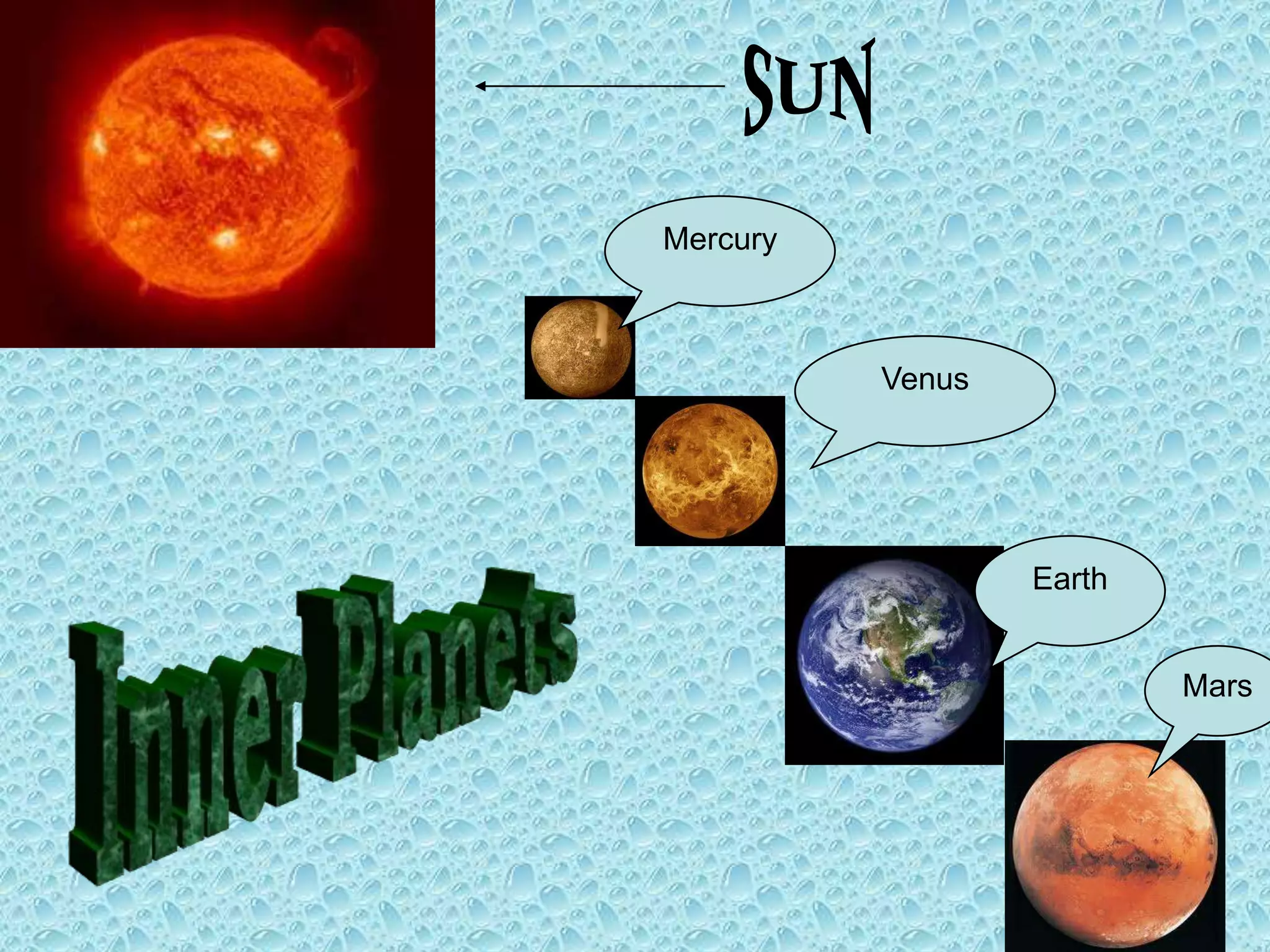 Mercury



          Venus




                  Earth


                          Mars
 