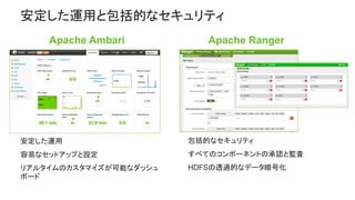安定した運用と包括的なセキュリティ
安定した運用
容易なセットアップと設定
リアルタイムのカスタマイズが可能なダッシュ
ボード
包括的なセキュリティ
すべてのコンポーネントの承認と監査
HDFSの透過的なデータ暗号化
Apache Ambari Apache Ranger
 
