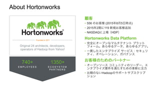 About Hortonworks
顧客
•  556 のお客様 (2015年8月5日時点)
•  2015年2期に119 新規お客様追加
•  NASDAQに上場（HDP）
Hortonworks Data Platform
•  完全にオープンなマルチテナント プラット
フォーム。あらゆるデータ、あらゆるアプリ。
•  一貫したエンタプライズ サービス：セキュリ
ティ、オペレーション、ガバナンス
お客様のためのパートナー
•  オープンソース コミュニティのリーダー、エ
ンタプライズ要件を満たすための革新に注力
•  比類のないHadoopのサポートサブスクリプ
ション
Founded in 2011
Original 24 architects, developers,
operators of Hadoop from Yahoo!
740+
E M P L O Y E E S
1350+
E C O S Y S T E M
PA R T N E R S
 