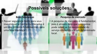 Possíveis soluções:
Boas lideranças
• Passar segurança tanto para seus
investidores e sócios ou liderados é
um dos critérios fundamentais para
uma boa liderança.
Pesquisa de mercado
• A pesquisa de mercado é fundamental,
pois é através dela que a empresa
pode saber se há necessidade do
serviço oferecido em um determinado
local.
 