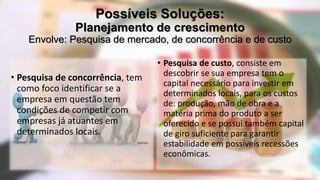 Possíveis Soluções:
Planejamento de crescimento
Envolve: Pesquisa de mercado, de concorrência e de custo
• Pesquisa de concorrência, tem
como foco identificar se a
empresa em questão tem
condições de competir com
empresas já atuantes em
determinados locais.
• Pesquisa de custo, consiste em
descobrir se sua empresa tem o
capital necessário para investir em
determinados locais, para os custos
de: produção, mão de obra e a
matéria prima do produto a ser
oferecido e se possui também capital
de giro suficiente para garantir
estabilidade em possíveis recessões
econômicas.
 