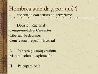 Hombres  suicida ¿ por qué  ? conectado con causas del terrorismo Decisión Racional   -Comprometidos/ Creyentes -Libertad de decisión -Conciencia propia/ individual   II.  Pobreza y desesperación: -Manipulación o explotación III.  Psicopatología   