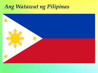 Tatlong bituin - kumakatawan sa
tatlong pangkat ng pulo ng
Pilipinas—Luzon, Mindanao, at
Visayas.
Unang bituin - para sa L...