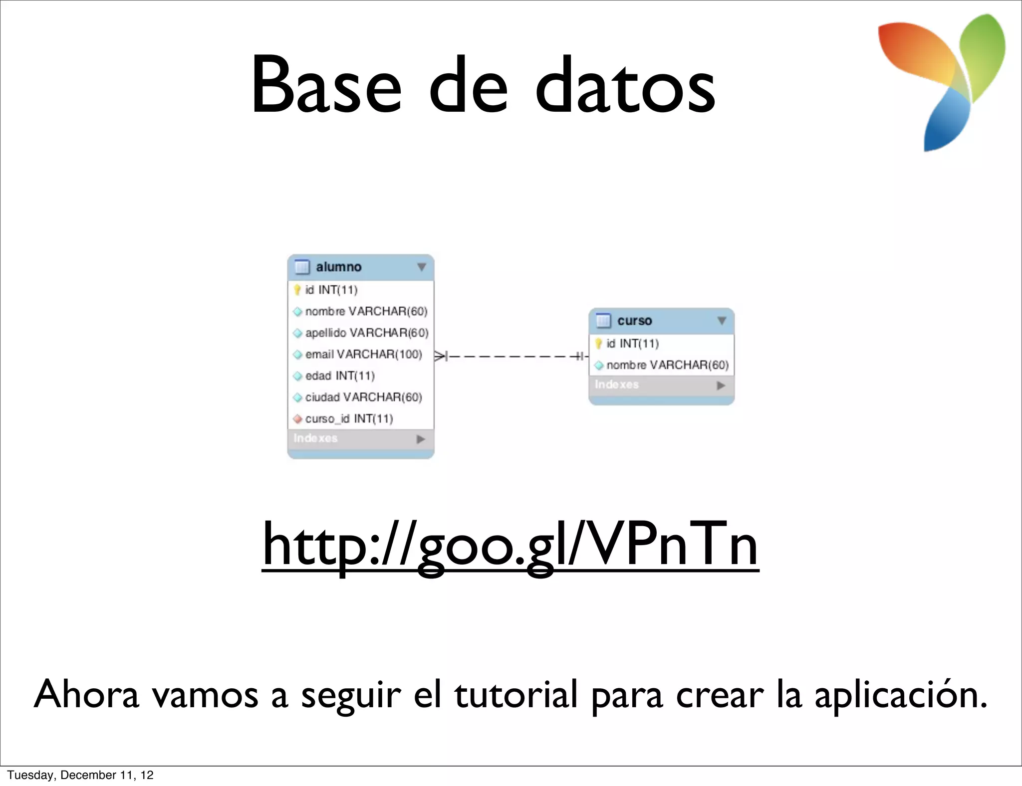 Base de datos




                           http://goo.gl/VPnTn

    Ahora vamos a seguir el tutorial para crear la aplicación.
Tuesday, December 11, 12
 