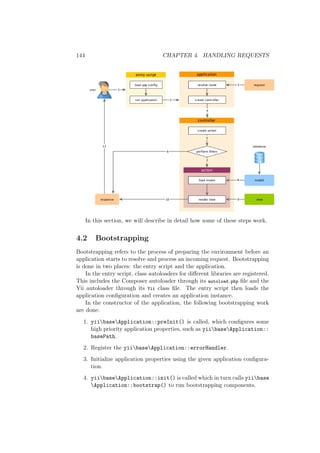 144 CHAPTER 4. HANDLING REQUESTS
In this section, we will describe in detail how some of these steps work.
4.2 Bootstrapping
Bootstrapping refers to the process of preparing the environment before an
application starts to resolve and process an incoming request. Bootstrapping
is done in two places: the entry script and the application.
In the entry script, class autoloaders for diﬀerent libraries are registered.
This includes the Composer autoloader through its autoload.php ﬁle and the
Yii autoloader through its Yii class ﬁle. The entry script then loads the
application conﬁguration and creates an application instance.
In the constructor of the application, the following bootstrapping work
are done:
1. yiibaseApplication::preInit() is called, which conﬁgures some
high priority application properties, such as yiibaseApplication::
basePath.
2. Register the yiibaseApplication::errorHandler.
3. Initialize application properties using the given application conﬁgura-
tion.
4. yiibaseApplication::init() is called which in turn calls yiibase
Application::bootstrap() to run bootstrapping components.
 