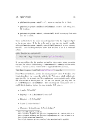 4.5. RESPONSES 155
• yiiwebResponse::sendFile(): sends an existing ﬁle to client.
• yiiwebResponse::sendContentAsFile(): sends a text string as a
ﬁle to client.
• yiiwebResponse::sendStreamAsFile(): sends an existing ﬁle stream
as a ﬁle to client.
These methods have the same method signature with the response object
as the return value. If the ﬁle to be sent is very big, you should consider
using yiiwebResponse::sendStreamAsFile() because it is more memory
eﬃcient. The following example shows how to send a ﬁle in a controller
action:
public function actionDownload()
{
return Yii::$app->response->sendFile(’path/to/file.txt’);
}
If you are calling the ﬁle sending method in places other than an action
method, you should also call the yiiwebResponse::send() method after-
wards to ensure no extra content will be appended to the response.
Yii::$app->response->sendFile(’path/to/file.txt’)->send();
Some Web servers have a special ﬁle sending support called X-Sendﬁle. The
idea is to redirect the request for a ﬁle to the Web server which will directly
serve the ﬁle. As a result, the Web application can terminate earlier while
the Web server is sending the ﬁle. To use this feature, you may call the
yiiwebResponse::xSendFile(). The following list summarizes how to
enable the X-Sendfile feature for some popular Web servers:
• Apache: X-Sendﬁle2
• Lighttpd v1.4: X-LIGHTTPD-send-ﬁle3
• Lighttpd v1.5: X-Sendﬁle4
• Nginx: X-Accel-Redirect5
• Cherokee: X-Sendﬁle and X-Accel-Redirect6
2
http://tn123.org/mod_xsendfile
3
http://redmine.lighttpd.net/projects/lighttpd/wiki/X-LIGHTTPD-send-file
4
http://redmine.lighttpd.net/projects/lighttpd/wiki/X-LIGHTTPD-send-file
5
http://wiki.nginx.org/XSendfile
6
http://www.cherokee-project.com/doc/other_goodies.html#x-sendfile
 