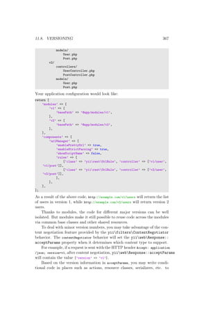 11.8. VERSIONING 367
models/
User.php
Post.php
v2/
controllers/
UserController.php
PostController.php
models/
User.php
Post.php
Your application conﬁguration would look like:
return [
’modules’ => [
’v1’ => [
’basePath’ => ’@app/modules/v1’,
],
’v2’ => [
’basePath’ => ’@app/modules/v2’,
],
],
’components’ => [
’urlManager’ => [
’enablePrettyUrl’ => true,
’enableStrictParsing’ => true,
’showScriptName’ => false,
’rules’ => [
[’class’ => ’yiirestUrlRule’, ’controller’ => [’v1/user’,
’v1/post’]],
[’class’ => ’yiirestUrlRule’, ’controller’ => [’v2/user’,
’v2/post’]],
],
],
],
];
As a result of the above code, http://example.com/v1/users will return the list
of users in version 1, while http://example.com/v2/users will return version 2
users.
Thanks to modules, the code for diﬀerent major versions can be well
isolated. But modules make it still possible to reuse code across the modules
via common base classes and other shared resources.
To deal with minor version numbers, you may take advantage of the con-
tent negotiation feature provided by the yiifiltersContentNegotiator
behavior. The contentNegotiator behavior will set the yiiwebResponse::
acceptParams property when it determines which content type to support.
For example, if a request is sent with the HTTP header Accept: application
/json; version=v1, after content negotiation, yiiwebResponse::acceptParams
will contain the value [’version’ => ’v1’].
Based on the version information in acceptParams, you may write condi-
tional code in places such as actions, resource classes, serializers, etc. to
 