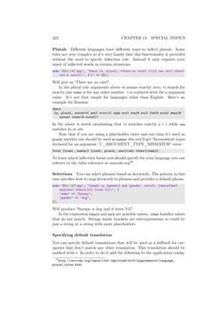 422 CHAPTER 14. SPECIAL TOPICS
Plurals Diﬀerent languages have diﬀerent ways to inﬂect plurals. Some
rules are very complex so it’s very handy that this functionality is provided
without the need to specify inﬂection rule. Instead it only requires your
input of inﬂected words in certain situations.
echo Yii::t(’app’, ’There {n, plural, =0{are no cats} =1{is one cat} other{
are # cats}}!’, [’n’ => 0]);
Will give us “There are no cats!”.
In the plural rule arguments above =0 means exactly zero, =1 stands for
exactly one other is for any other number. # is replaced with the n argument
value. It’s not that simple for languages other than English. Here’s an
example for Russian:
Здесь
{n, plural, котов=0{ нет} есть=1{ один кот} one{# кот} few{# кота} many{#
котов} other{# кота}}!
In the above it worth mentioning that =1 matches exactly n = 1 while one
matches 21 or 101.
Note that if you are using a placeholder twice and one time it’s used as
plural another one should be used as number else you’ll get “Inconsistent types
declared for an argument: U_ARGUMENT_TYPE_MISMATCH” error:
Total {count, number} {count, plural, one{item} other{items}}.
To learn which inﬂection forms you should specify for your language you can
referrer to the rules reference at unicode.org16.
Selections You can select phrases based on keywords. The pattern in this
case speciﬁes how to map keywords to phrases and provides a default phrase.
echo Yii::t(’app’, ’{name} is {gender} and {gender, select, female{she}
male{he} other{it}} loves Yii!’, [
’name’ => ’Snoopy’,
’gender’ => ’dog’,
]);
Will produce “Snoopy is dog and it loves Yii!”.
In the expression female and male are possible values. other handles values
that do not match. Strings inside brackets are sub-expressions so could be
just a string or a string with more placeholders.
Specifying default translation
You can specify default translations that will be used as a fallback for cat-
egories that don’t match any other translation. This translation should be
marked with *. In order to do it add the following to the application conﬁg:
16
http://unicode.org/repos/cldr-tmp/trunk/diff/supplemental/language_
plural_rules.html
 