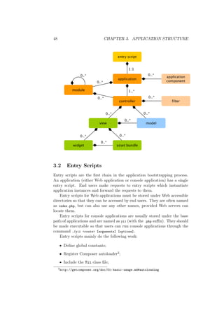48 CHAPTER 3. APPLICATION STRUCTURE
3.2 Entry Scripts
Entry scripts are the ﬁrst chain in the application bootstrapping process.
An application (either Web application or console application) has a single
entry script. End users make requests to entry scripts which instantiate
application instances and forward the requests to them.
Entry scripts for Web applications must be stored under Web accessible
directories so that they can be accessed by end users. They are often named
as index.php, but can also use any other names, provided Web servers can
locate them.
Entry scripts for console applications are usually stored under the base
path of applications and are named as yii (with the .php suﬃx). They should
be made executable so that users can run console applications through the
command ./yii <route> [arguments] [options].
Entry scripts mainly do the following work:
• Deﬁne global constants;
• Register Composer autoloader2;
• Include the Yii class ﬁle;
2
http://getcomposer.org/doc/01-basic-usage.md#autoloading
 