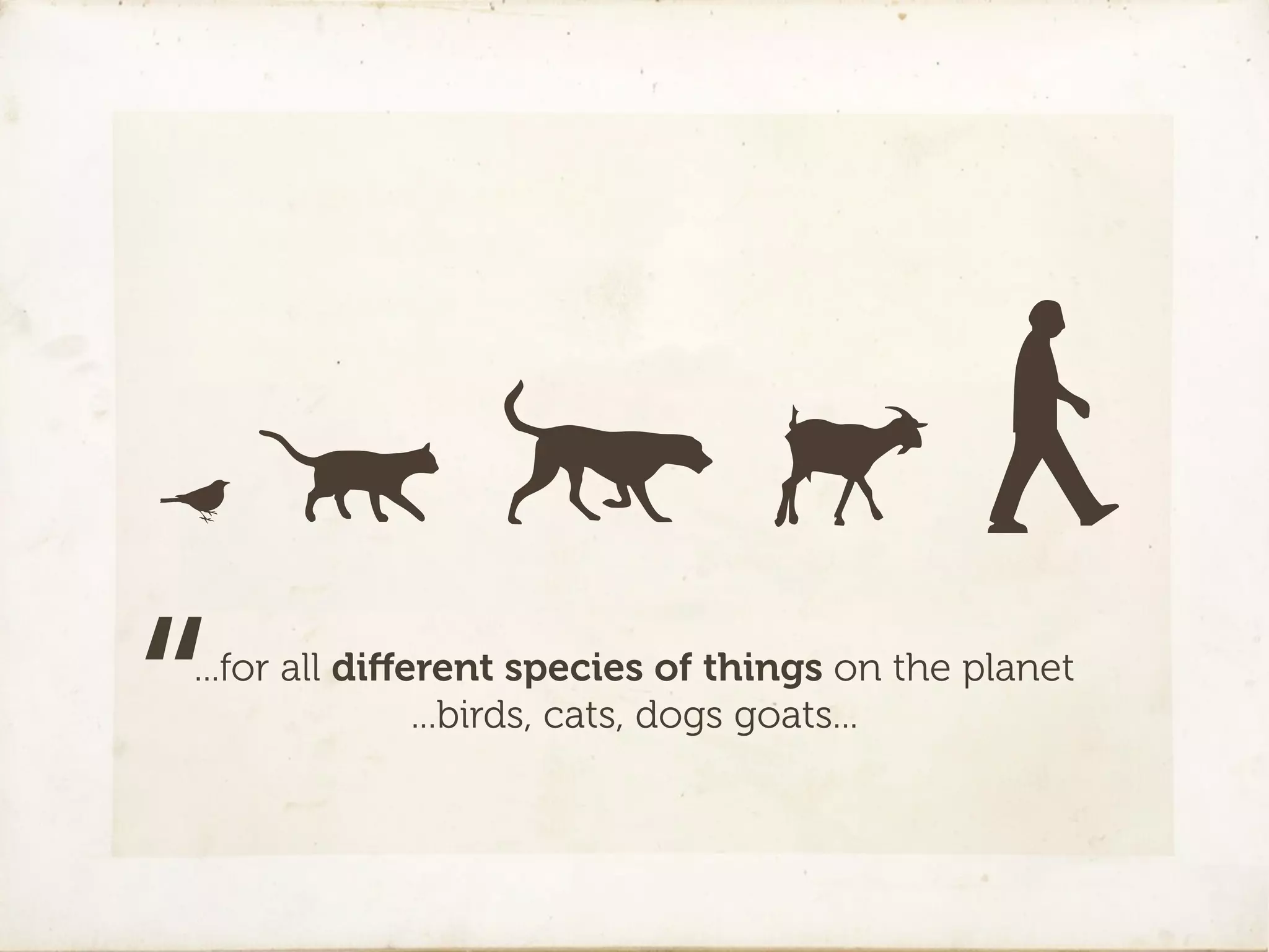 “
...for all diﬀerent species of things on the planet
               ...birds, cats, dogs goats...
 