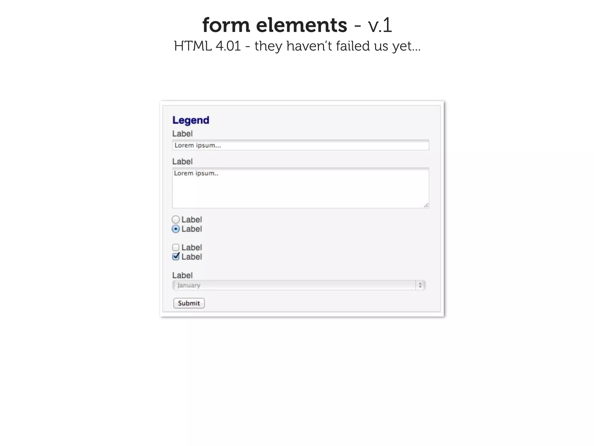 form elements - v.1
HTML 4.01 - they haven’t failed us yet...
 