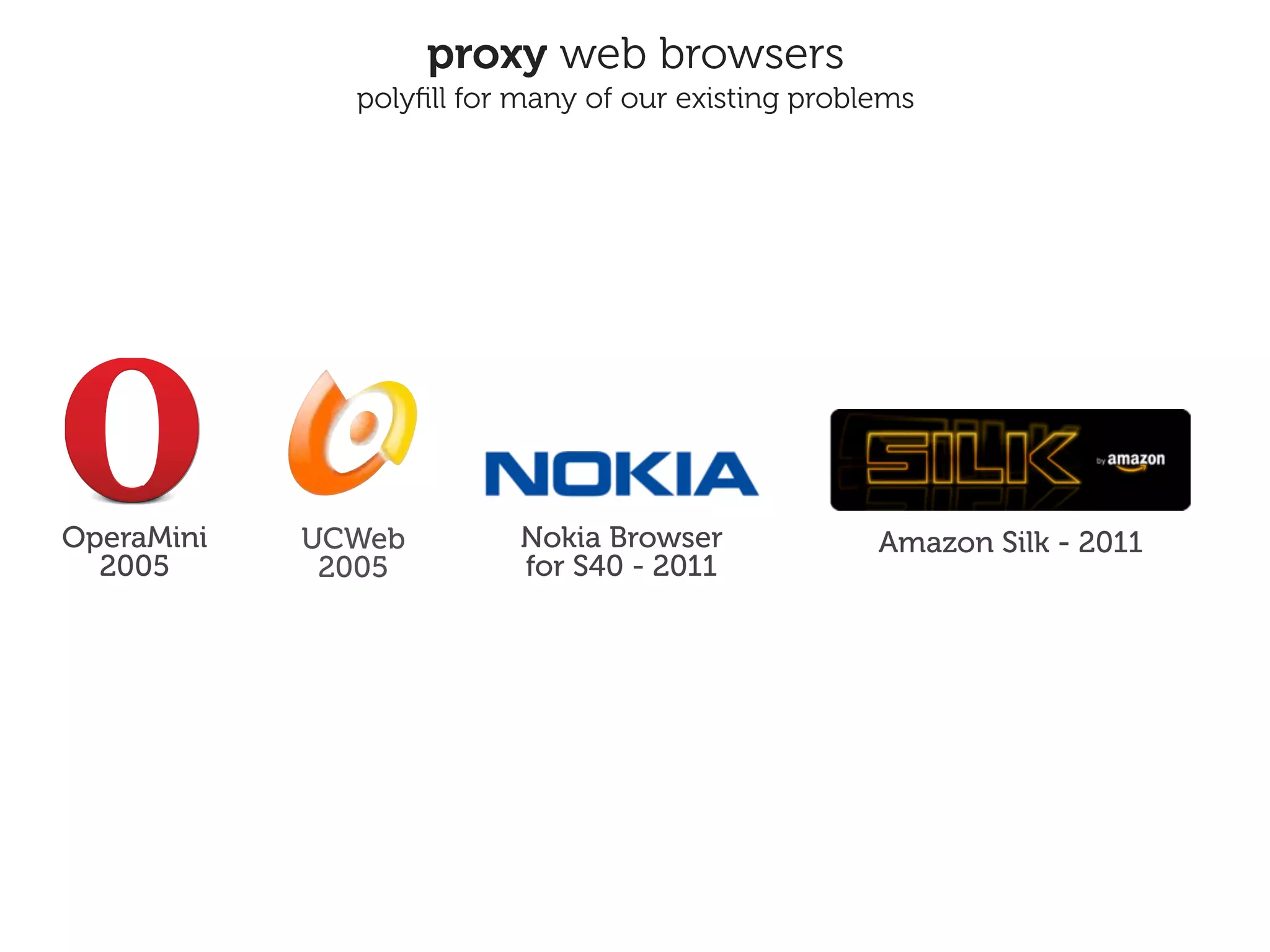 proxy web browsers
              polyﬁll for many of our existing problems




OperaMini   UCWeb         Nokia Browser             Amazon Silk - 2011
  2005       2005         for S40 - 2011
 