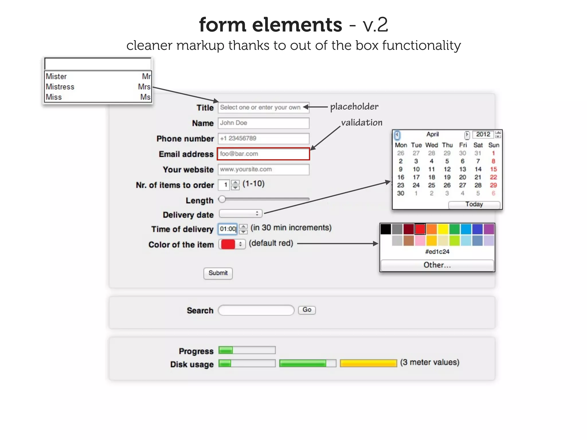 form elements - v.2
cleaner markup thanks to out of the box functionality



                                placeholder
                                  validation
 