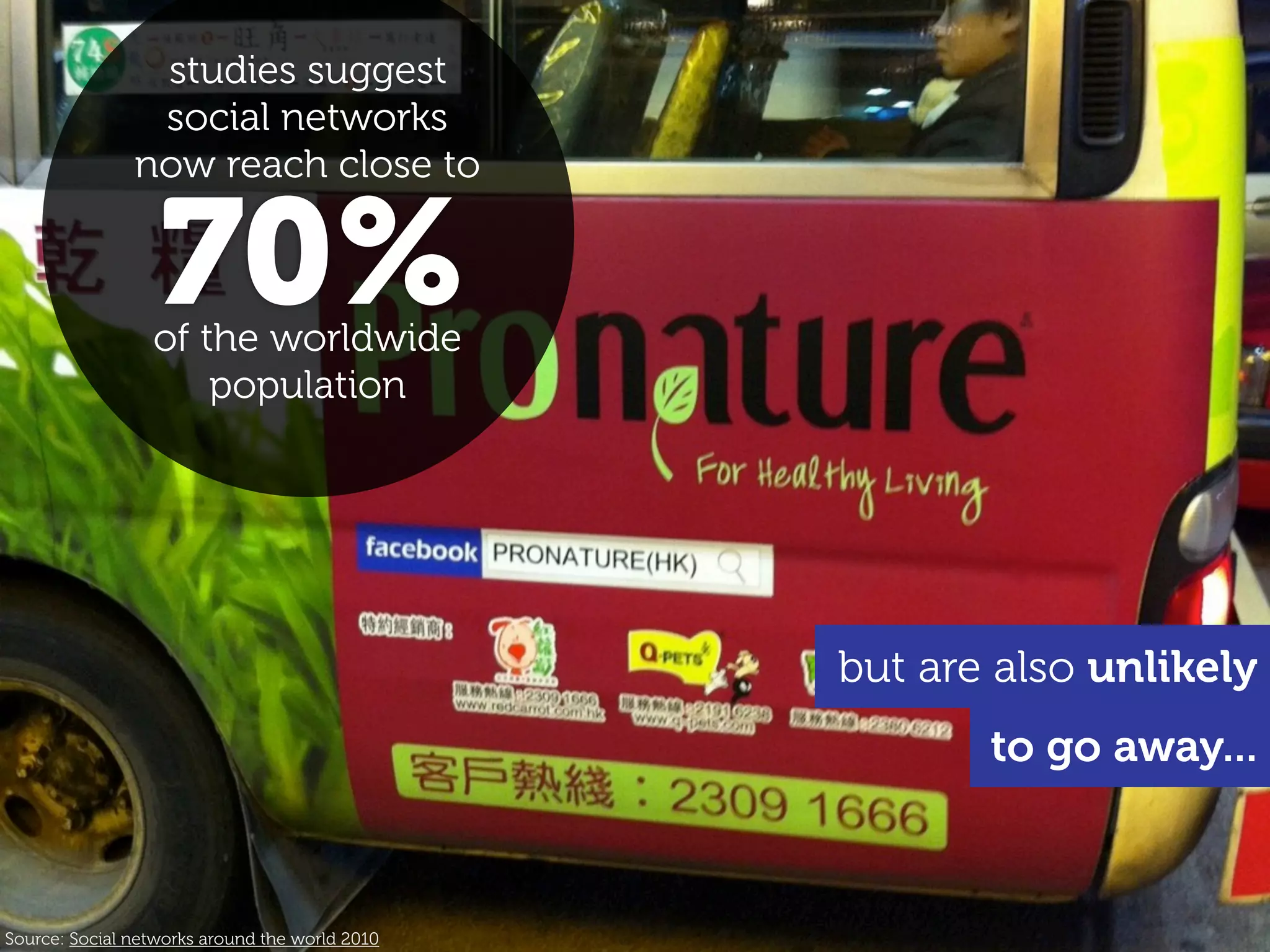 studies suggest
                social networks
               now reach close to


                  70%
                 of the worldwide
                     population




                                                but are also unlikely
                                                       to go away...



Source: Social networks around the world 2010
 