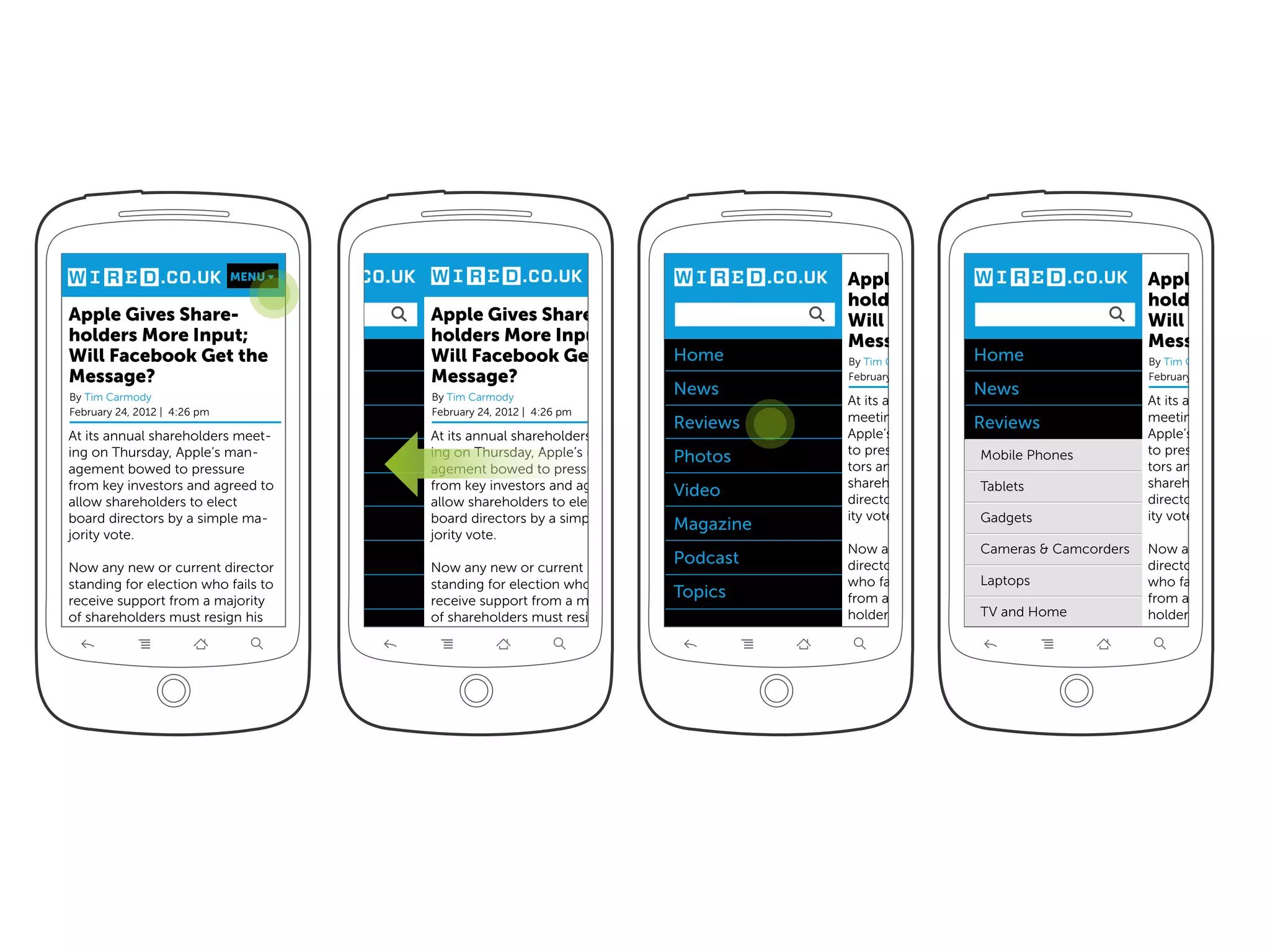 MENU                                      MENU              Apple Gives Share-                           Apple Gives Sh
                                                                                          holders More Input;                          holders More
Apple Gives Share-                        Apple Gives Share-                              Will Facebook Get the                        Will Facebook
holders More Input;                       holders More Input;                             Message?                                     Message?
Will Facebook Get the
                    Home                  Will Facebook Get the                Home       By Tim Carmody          Home                 By Tim Carmody
Message?                                  Message?                                        February 24, 2012 | 4:26 pm                  February 24, 2012 | 4:26
By Tim Carmody
                                News      By Tim Carmody
                                                                               News                               News
                                                                                          At its annual shareholders                   At its annual shareho
February 24, 2012 | 4:26 pm               February 24, 2012 | 4:26 pm
                                Reviews                                        Reviews    meeting on Thursday, Reviews                 meeting on Thursda
At its annual shareholders meet-          At its annual shareholders meet-                Apple’s management bowed                     Apple’s managemen
ing on Thursday, Apple’s man-             ing on Thursday, Apple’s man-                   to pressure from key inves- Phones           to pressure from key
                             Photos                                            Photos                           Mobile
agement bowed to pressure                 agement bowed to pressure                       tors and agreed to allow                     tors and agreed to a
from key investors and agreedVideo
                              to          from key investors and agreed to                shareholders to elect Tablets
                                                                                                                board                  shareholders to elec
                                                                               Video      directors by a simple major-                 directors by a simple
allow shareholders to elect               allow shareholders to elect
board directors by a simple ma-           board directors by a simple ma-                 ity vote.             Gadgets                ity vote.
                             Magazine                                          Magazine
jority vote.                              jority vote.
                                                                                          Now any new or currentCameras & Camcorders   Now any new or cu
                            Podcast
Now any new or current director           Now any new or current director
                                                                               Podcast    director standing for election               director standing fo
standing for election who fails to        standing for election who fails to                                    Laptops
                                                                                          who fails to receive support                 who fails to receive
receive support from a majority
                               Topics     receive support from a majority
                                                                               Topics     from a majority of share-                    from a majority of sh
of shareholders must resign his           of shareholders must resign his                 holders must resign his and Home
                                                                                                                TV                     holders must resign
 