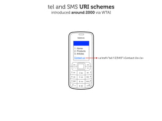 tel and SMS URI schemes
 introduced around 2000 via WTAI




            1. Home
            2. Products
            3. Articles
            Contact us    <a href="tel:12345">Contact Us</a>
 