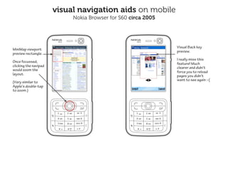 visual navigation aids on mobile
                            Nokia Browser for S60 circa 2005




                                                               Visual Back key
MiniMap viewport                                               preview.
preview rectangle.
                                                               I really miss this
Once focussed,                                                 feature! Much
clicking the navipad                                           clearer and didn’t
would zoom the                                                 force you to reload
layout.                                                        pages you didn’t
                                                               want to see again :-(
(Very similar to
Apple’s double-tap
to zoom.)
 