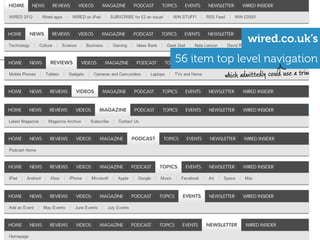 wired.co.uk’s
56 item top level navigation
         which admittedly could use a trim
 