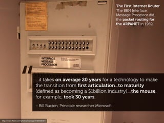The First Internet Router
                                                                                   The BBN Interface
                                                                                   Message Processor did
                                                                                   the packet routing for
                                                                                   the ARPANET in 1969,




                  “                ...it takes on average 20 years for a technology to make
                                   the transition from ﬁrst articulation...to maturity
                                   (deﬁned as becoming a $1billion industry)…the mouse,
                                   for example, took 30 years.
                                   – Bill Buxton, Principle researcher Microsoft


http://www.ﬂickr.com/photos/kiwanja/3169409467/
 