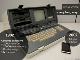 we’ve come
                      a very long way...




   1982                           2007
                                   1st gen.
Osborne Executive
                                   iPhone
1/100th MHz CPU
1/1000th the memory
100x the weight
10x the cost

                            Source and photo: Wikipedia
 