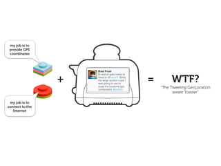 my job is to
 provide GPS
 coordinates




                     Brad Frost


                 +                              =        WTF?
                     At airport gate ready to
                     head to @bdconf. Sadly
                     the large suction cups I
                     was going to use to
                     scale the biodome got
                     conﬁscated. #bdconf
                                                    “The Tweeting GeoLocation
                                                          aware Toaster”

 my job is to
connect to the
   Internet
 