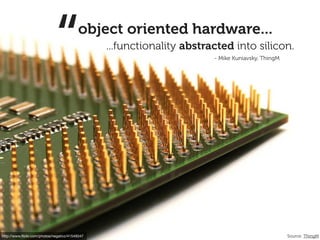“            object oriented hardware...
                                                ...functionality abstracted into silicon.
                                                                       - Mike Kuniavsky, ThingM




http://www.ﬂickr.com/photos/negativz/41549347                                                     Source: ThingM
 