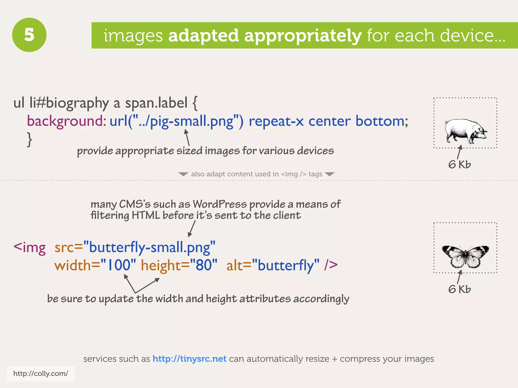 5                     images adapted appropriately for each device...


ul li#biography a span.label {
  background: url("../pig-small.png") repeat-x center bottom;
  }
                    provide appropriate sized images for various devices
                                                                                                           6 Kb
                                              also adapt content used in <img /> tags



                      many CMS’s such as WordPress provide a means of
                      ﬁltering HTML before it’s sent to the client

<img src="butterﬂy-small.png"
     width="100" height="80" alt="butterﬂy" />
                                                                                                           6 Kb
          be sure to update the width and height aributes accordingly



                     services such as http://tinysrc.net can automatically resize + compress your images
http://colly.com/
 