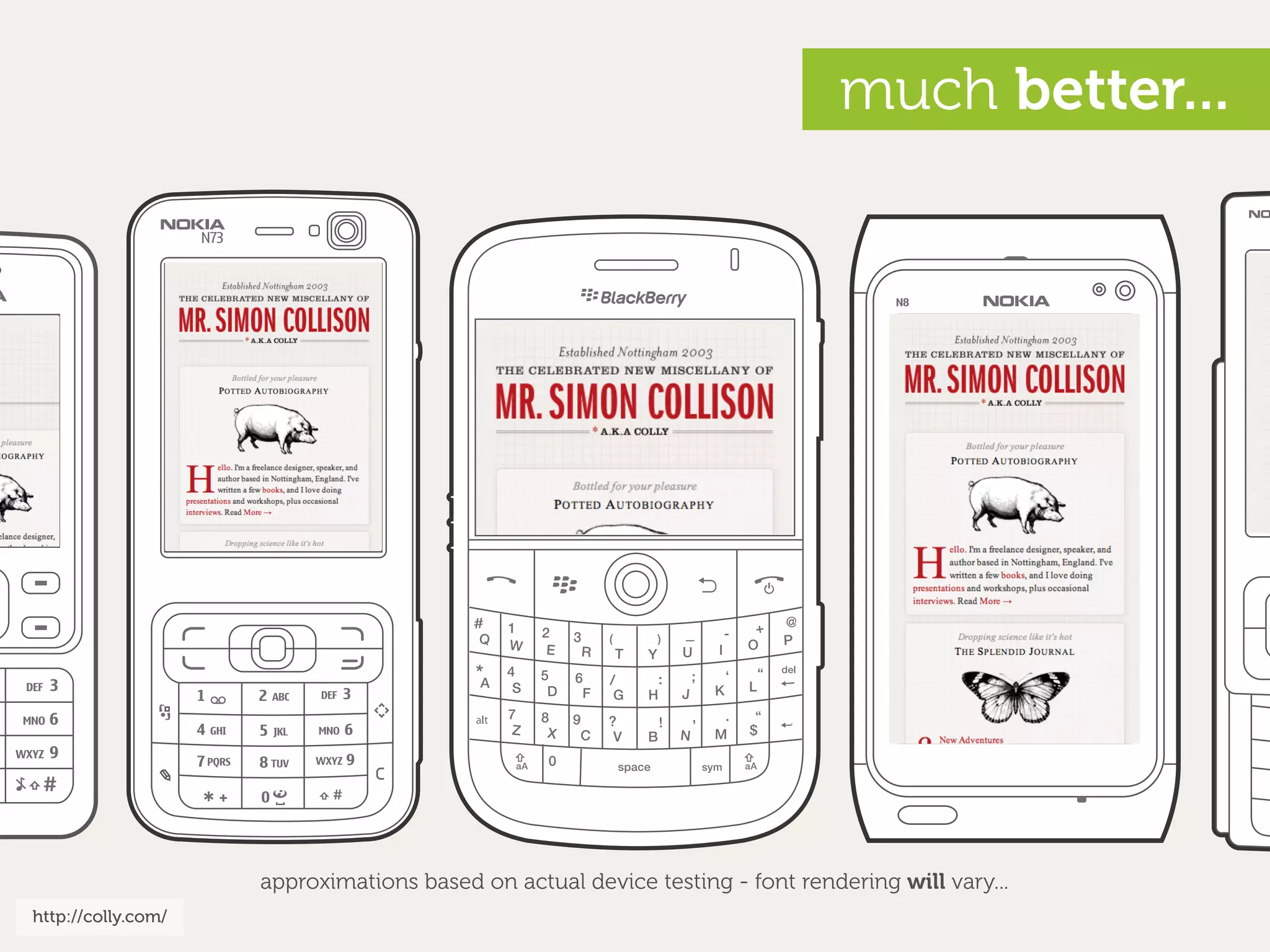 much better...




                    approximations based on actual device testing - font rendering will vary...
http://colly.com/
 