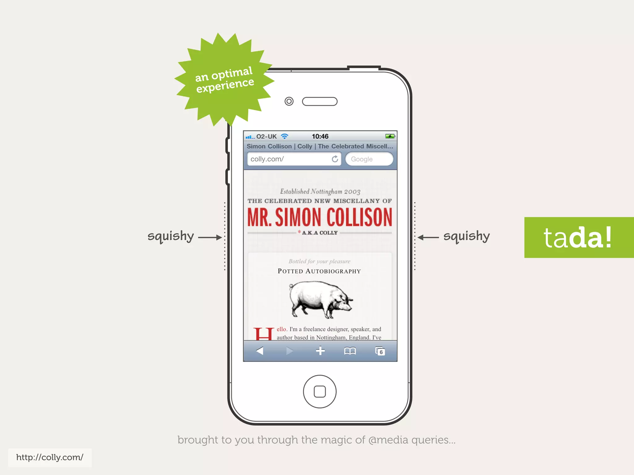 al
                              an optimce
                              experien




                    squishy                                               squishy   tada!




                        brought to you through the magic of @media queries...
http://colly.com/
 