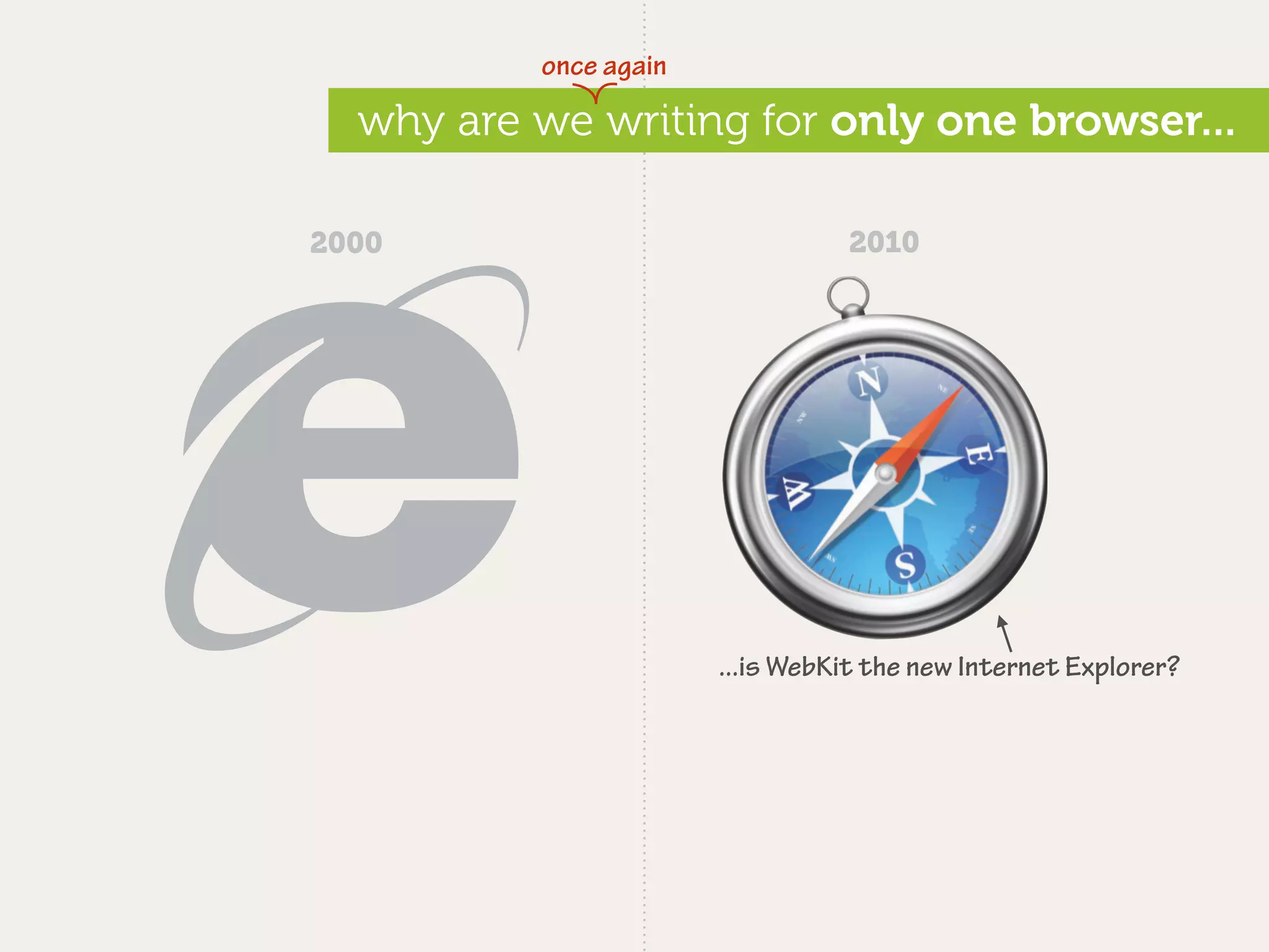once again

  why are we writing for only one browser...

2000                              2010




                       ...is WebKit the new Internet Explorer?
 