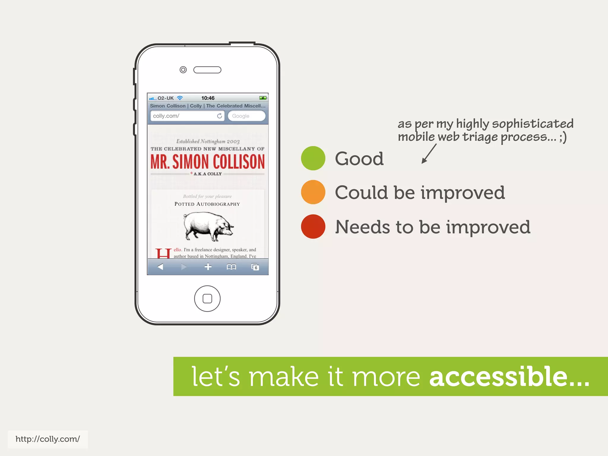 as per my highly sophisticated
                                      mobile web triage process... ;)
                               Good
                               Could be improved
                               Needs to be improved




                    let’s make it more accessible...
http://colly.com/
 