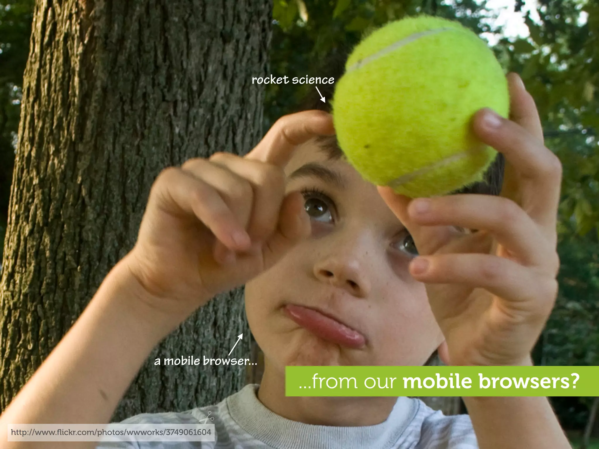 rocket science




                                a mobile browser...
                                                        ...from our mobile browsers?

http://www.ﬂickr.com/photos/wwworks/3749061604
 