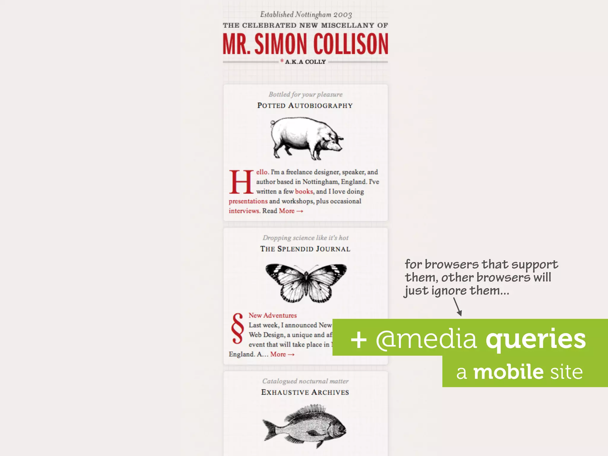 for browsers that support
   them, other browsers will
   just ignore them...


+ @media queries
           a mobile site
 