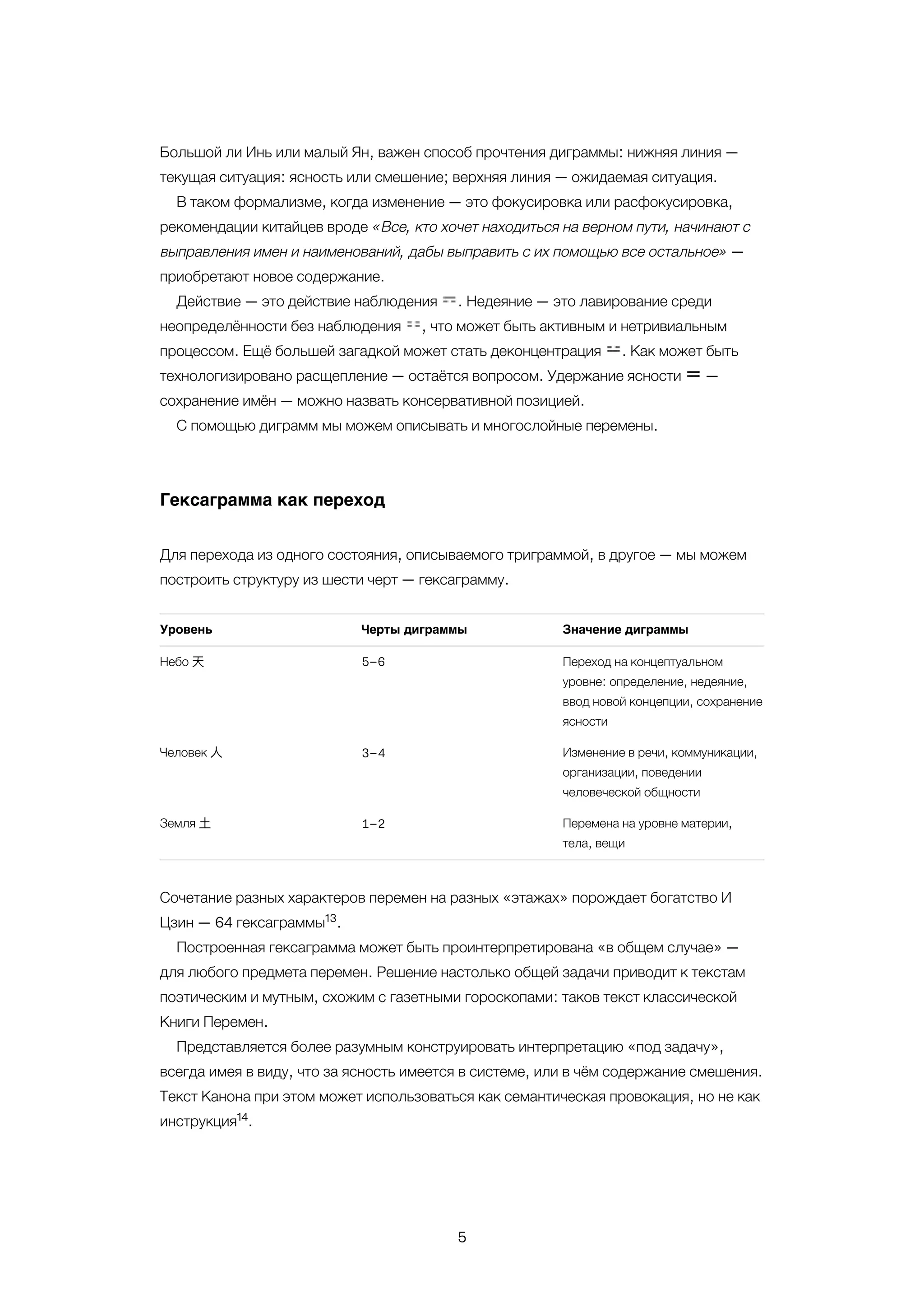 5
Большой ли Инь или малый Ян, важен способ прочтения диграммы: нижняя линия —
текущая ситуация: ясность или смешение; верхняя линия — ожидаемая ситуация.
В таком формализме, когда изменение — это фокусировка или расфокусировка,
рекомендации китайцев вроде «Все, кто хочет находиться на верном пути, начинают с
выправления имен и наименований, дабы выправить с их помощью все остальное» —
приобретают новое содержание.
Действие — это действие наблюдения ⚎⚎. Недеяние — это лавирование среди
неопределённости без наблюдения ⚏⚏, что может быть активным и нетривиальным
процессом. Ещё большей загадкой может стать деконцентрация ⚍⚍. Как может быть
технологизировано расщепление — остаётся вопросом. Удержание ясности ⚌⚌ —
сохранение имён — можно назвать консервативной позицией.
С помощью диграмм мы можем описывать и многослойные перемены.
Гексаграмма как переход
Для перехода из одного состояния, описываемого триграммой, в другое — мы можем
построить структуру из шести черт — гексаграмму.
Уровень Черты диграммы Значение диграммы
Небо 天 5–6 Переход на концептуальном
уровне: определение, недеяние,
ввод новой концепции, сохранение
ясности
Человек ⼈人 3–4 Изменение в речи, коммуникации,
организации, поведении
человеческой общности
Земля ⼟土 1–2 Перемена на уровне материи,
тела, вещи
Сочетание разных характеров перемен на разных «этажах» порождает богатство И
Цзин — 64 гексаграммы .
Построенная гексаграмма может быть проинтерпретирована «в общем случае» —
для любого предмета перемен. Решение настолько общей задачи приводит к текстам
поэтическим и мутным, схожим с газетными гороскопами: таков текст классической
Книги Перемен.
Представляется более разумным конструировать интерпретацию «под задачу»,
всегда имея в виду, что за ясность имеется в системе, или в чём содержание смешения.
Текст Канона при этом может использоваться как семантическая провокация, но не как
инструкция .
13
14
 