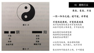 6） 易有三义
简易、变易、不易
一阴一阳为之道；道可道，非常道
不变的是原则，万变的是现象
用不变的原则来应对万变的现象
站在不变的立场来变，才不会乱变
柏拉图有他的理想国
陶渊明有他的桃花源
香格里拉在哪里？
以自然为标准，做合理的判断
权不离经、权不损人、权不多用
能妥协却不能放弃立场，才叫圆通
 
