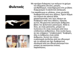 Φυλετικός
Με κριτήριο διάκρισης των ατόμων το χρώμα
του δέρματος (λευκοί, μαύροι,
ερυθρόδερμοι, κιτρινόχρωμοι) είτε με βάση
διαχωρισμού τη φυλετική καταγωγή.
Για παράδειγμα οι ινδιάνοι, είναι μία φυλή,
διαφορετική από τους άλλους. Έχουν δέρμα
πιο κίτρινο και κάποια άλλα
χαρακτηριστικά, που τους κάνουν να
διαφέρουν από τους άλλους. Εξαιτίας
αυτού, θεωρούνται κατώτεροι άνθρωποι
βάσει του φυλετικού ρατσισμού. Αλλά οι
ίδιοι, αν είναι ρατσιστές, μπορεί να
πιστεύουν ότι είναι ανώτεροι από τους
υπόλοιπους ανθρώπους. Στην ουσία όμως,
αν και υπάρχουν "επιφανειακές" διαφορές,
όλοι οι άνθρωποι είναι απλά
άνθρωποι. Αυτού του τύπου
ο ρατσισμός αντλείται από τον εθνικισμό
και το ναζισμό και έχει διαφορετική
ιδεολογία από τον εθνικό ρατσισμό που
μπορεί να ακούγονται έννοιες
παραπλήσιες.
 