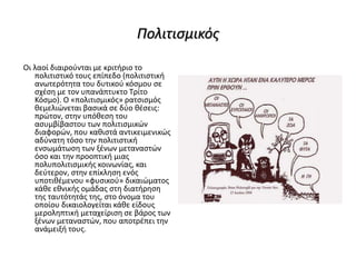 Πολιτισμικός
Οι λαοί διαιρούνται με κριτήριο το
πολιτιστικό τους επίπεδο (πολιτιστική
ανωτερότητα του δυτικού κόσμου σε
σχέση με τον υπανάπτυκτο Τρίτο
Κόσμο). Ο «πολιτισμικός» ρατσισμός
θεμελιώνεται βασικά σε δύο θέσεις:
πρώτον, στην υπόθεση του
ασυμβίβαστου των πολιτισμικών
διαφορών, που καθιστά αντικειμενικώς
αδύνατη τόσο την πολιτιστική
ενσωμάτωση των ξένων μεταναστών
όσο και την προοπτική μιας
πολυπολιτισμικής κοινωνίας, και
δεύτερον, στην επίκληση ενός
υποτιθέμενου «φυσικού» δικαιώματος
κάθε εθνικής ομάδας στη διατήρηση
της ταυτότητάς της, στο όνομα του
οποίου δικαιολογείται κάθε είδους
μεροληπτική μεταχείριση σε βάρος των
ξένων μεταναστών, που αποτρέπει την
ανάμειξή τους.
 